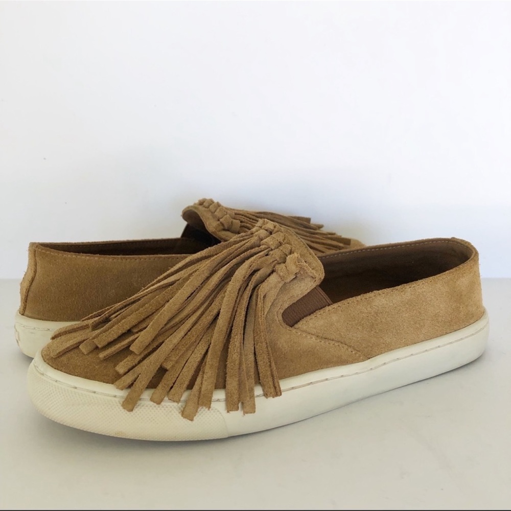 Tory Burch Fria Tan Suede Leather Slip On Tassel Fringe Shoes Loafers